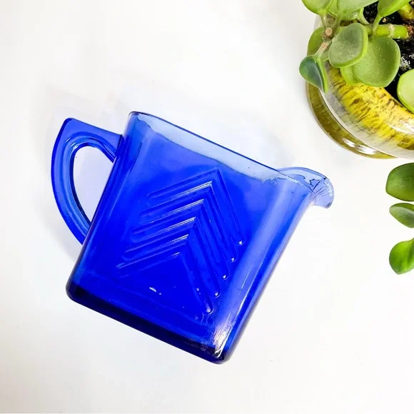 VINTAGE Cobalt Blue Depression Glass Creamer & Sugar Set Retro Art Deco - Picture 6 of 11